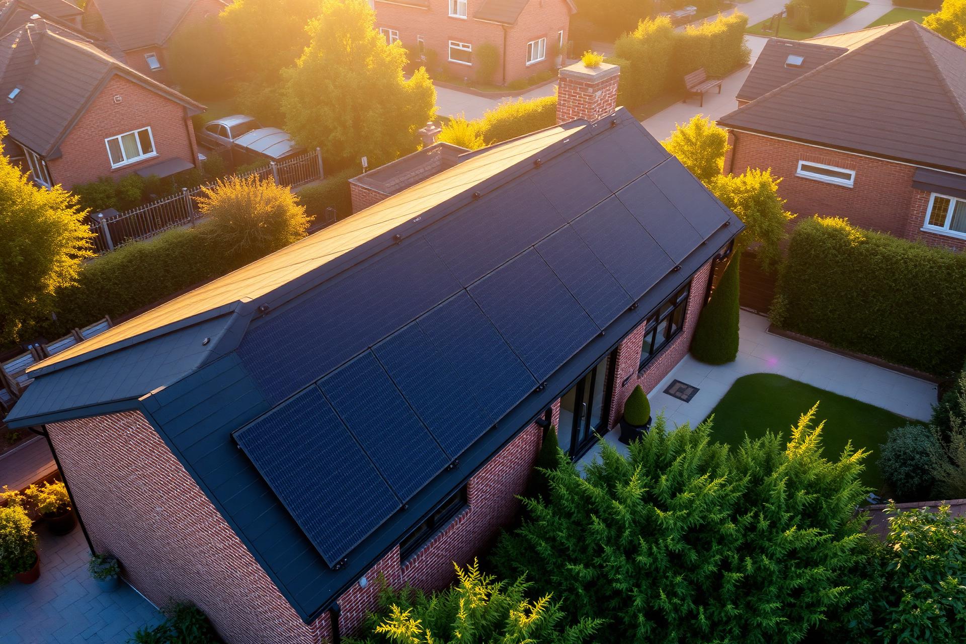 Modern UK home with rooftop solar panels at golden hour