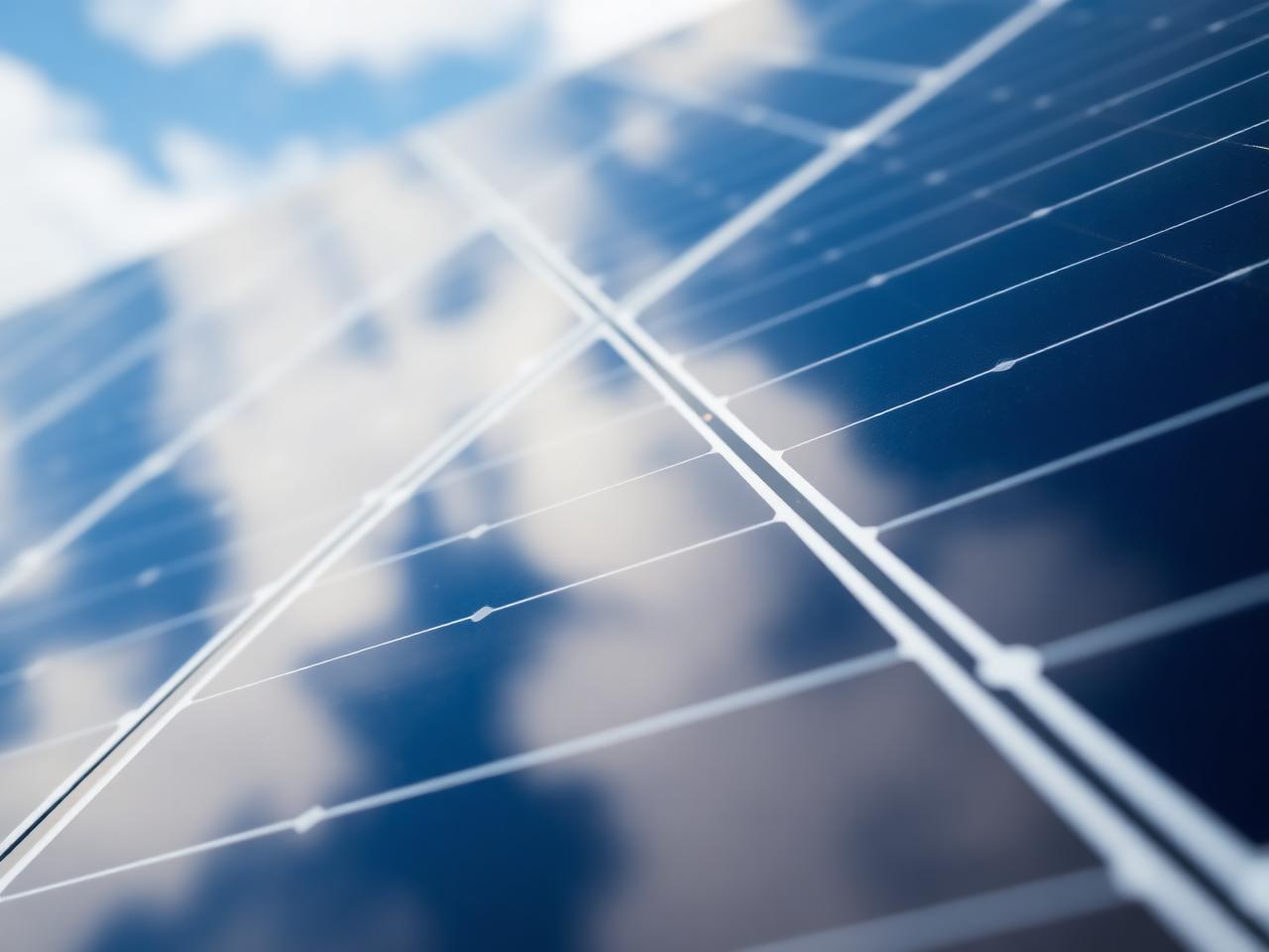 Close-up of monocrystalline solar panels reflecting sky